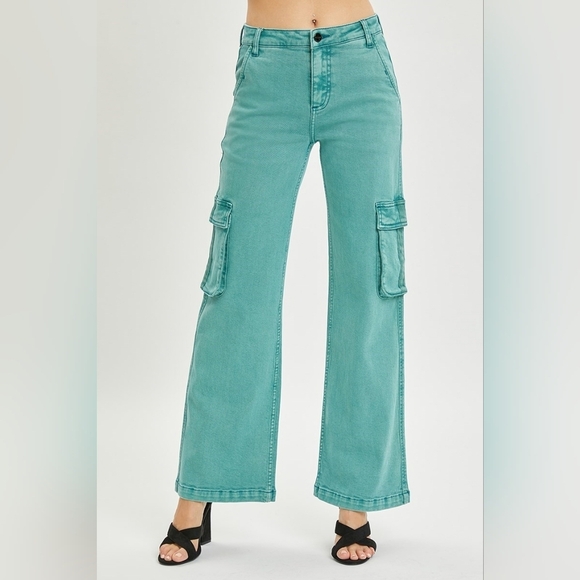 Risen Jeans Denim - Stylish Teal Wide Leg Cargo Jeans